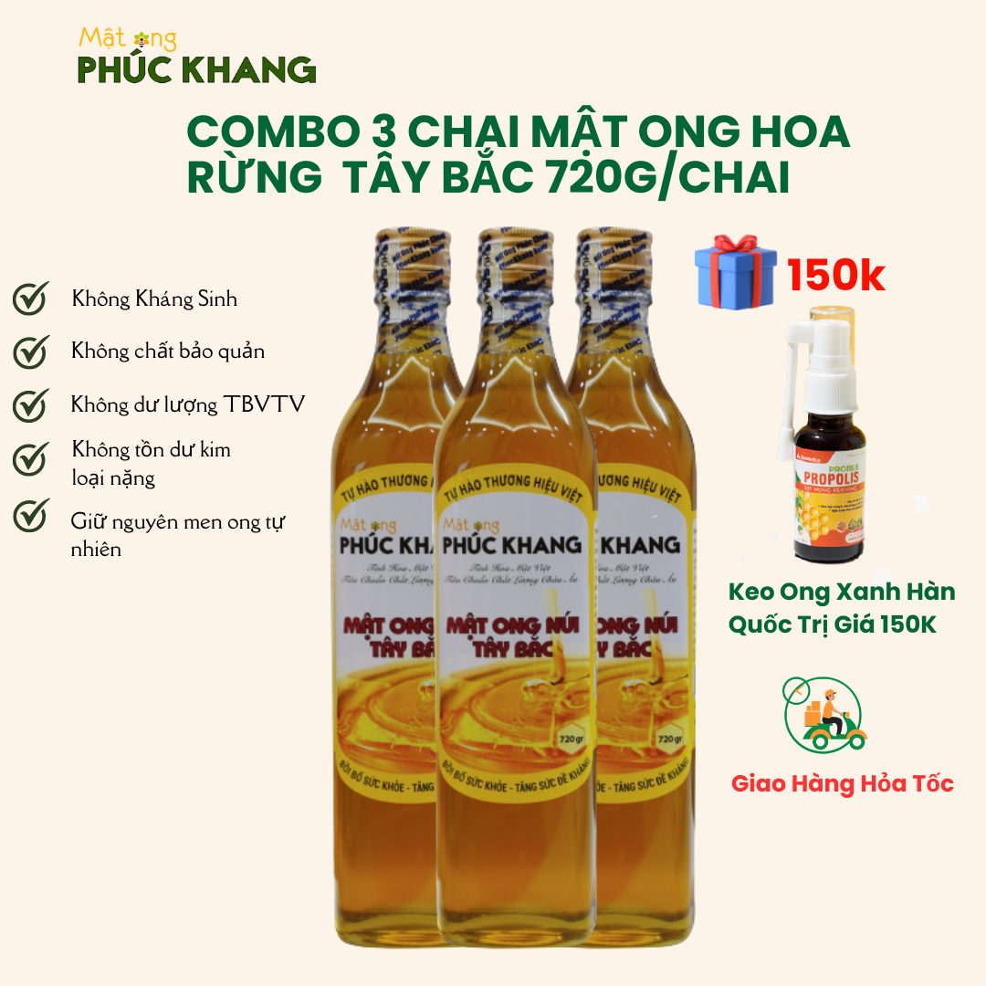 *[Mật ong phúc khang] Combo 3 Chai mật ong rừng tây bắc Phúc Khang -mật ong nguyên chất - Mỗi chai 720g - Tặng lọ keo xong xịt họng giảm ho