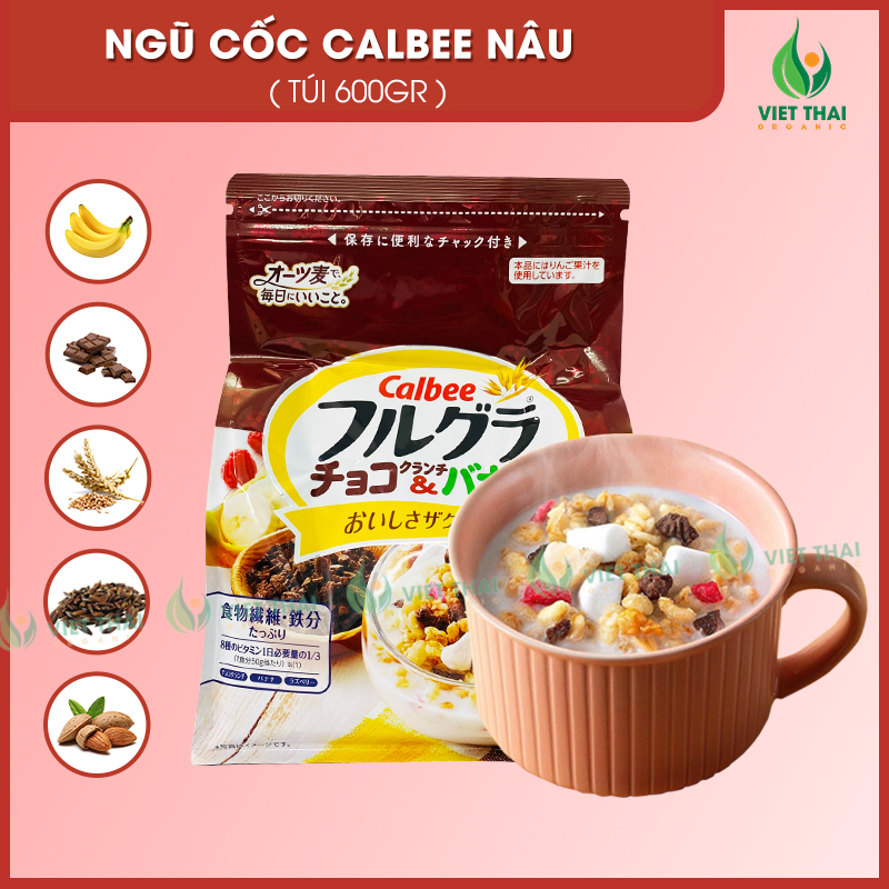 Ngũ cốc Calbee Nâu Chocolate Crunch & Banana Gói 600gr (Chocolate, Chuối, Quả Mâm Xôi...) - Yêu Hạt