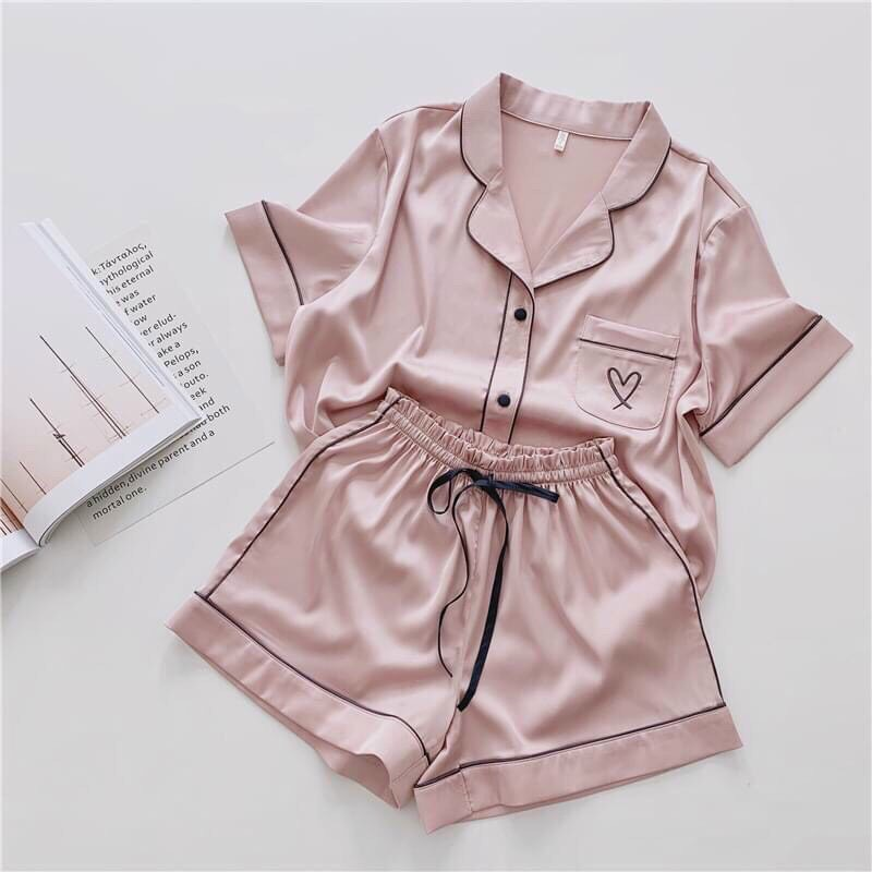 Bộ ngủ pijama lụa cao cấp thêu trái tim, bộ mặc nhà, bộ pijama nữ, bộ lụa mặc nhà, bộ lụa tiểu thư, bộ lụa thêu