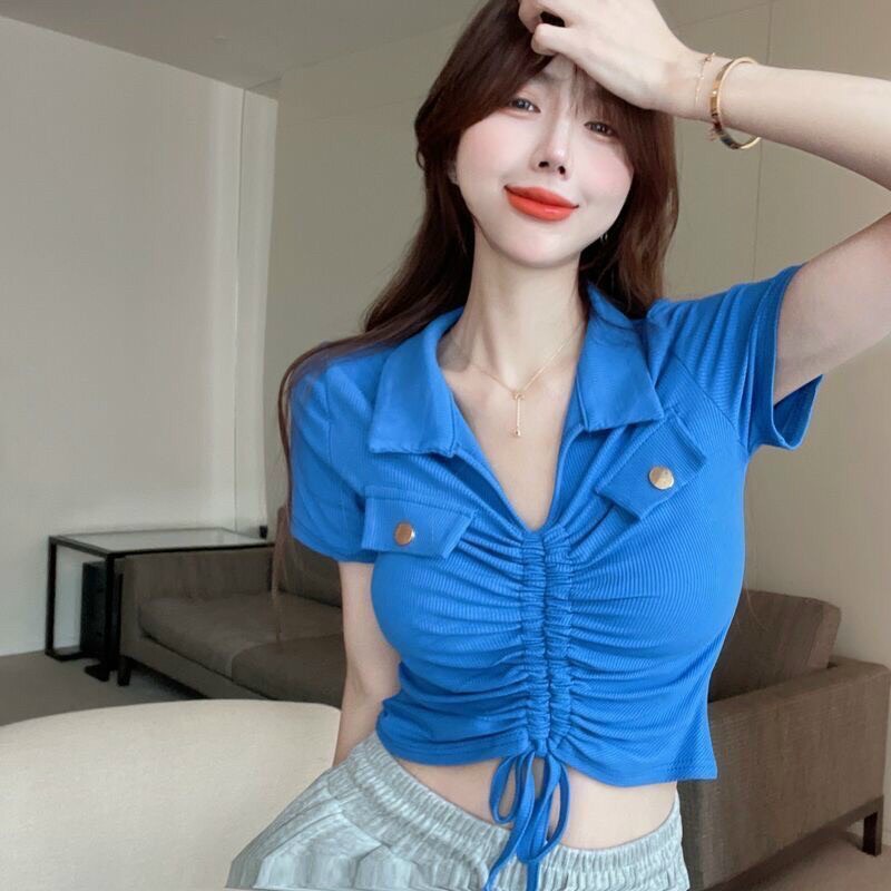 Áo croptop rút dây giữa gân co giãn siêu đẹp Chất thun gân mịn kiểu dáng Ulzzang