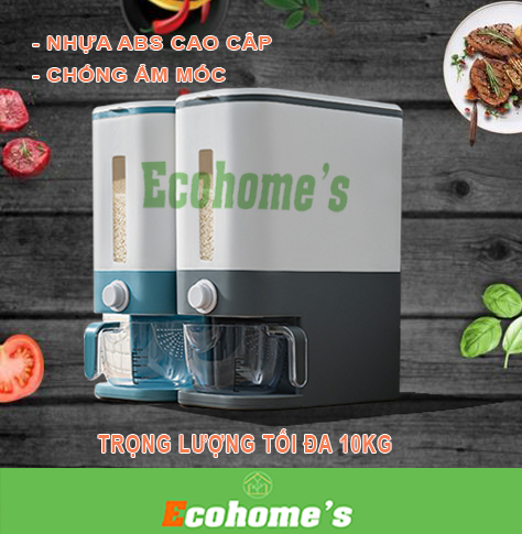 Thùng đựng gao Ecohome's  công nghệ Hàn Quốc chất liệu nhựa PP không độc hại dung tích 12kg có vạch và ca để đong gạo chính xác thiết kế nhỏ gọn