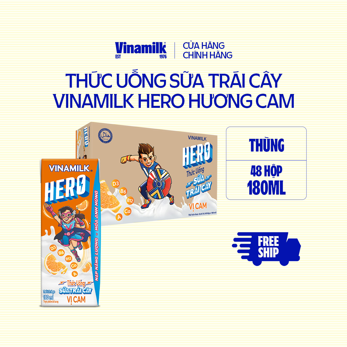 Thùng Thức uống sữa trái cây vị cam Vinamilk Hero 180ml - 48 hộp/Thùng