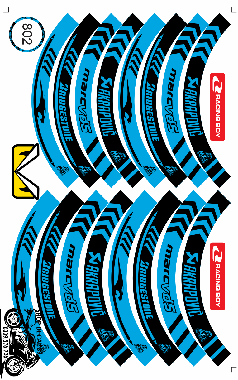 TEM VÀNH BẢN TO DÁN FULL BÁNH MS 802 - MARCVDS XANH NGỌC ĐEN - Tem 3 Lớp Chống Nước Chống Bay Màu