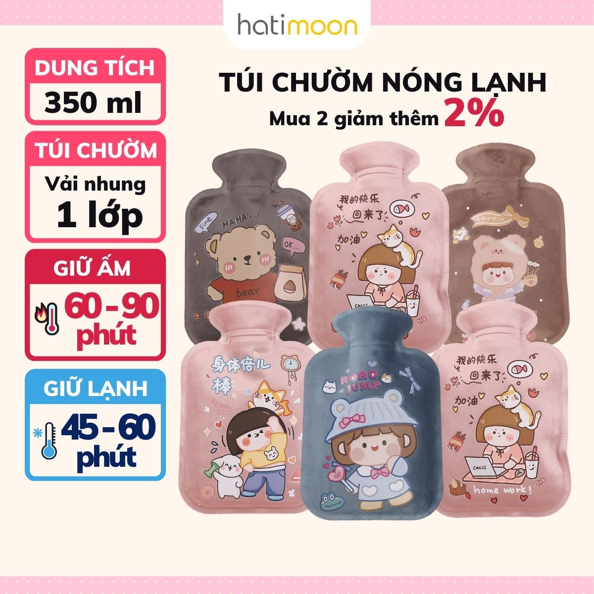 Túi chườm nóng lạnh HATIMOON 350ml, túi chườm đau bụng kinh nguyệt, túi sưởi ấm hình hoạt hình dễ thương