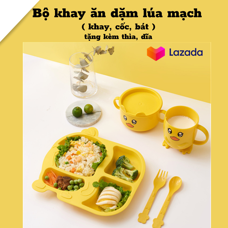 Bộ khay ăn dặm lúa mạch kiểu Nhật hình gà vàng ngộ nghĩnh đáng yêu an toàn cao cấp