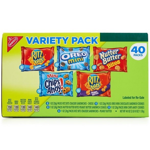Bánh Nabisco Variety Pack Snack hộp 40 gói trọng lượng 1120gr của Mỹ gồm 5 bánh Ritz Bits, Oreo Mini, Nutter Butter Bites, Chips Ahoy