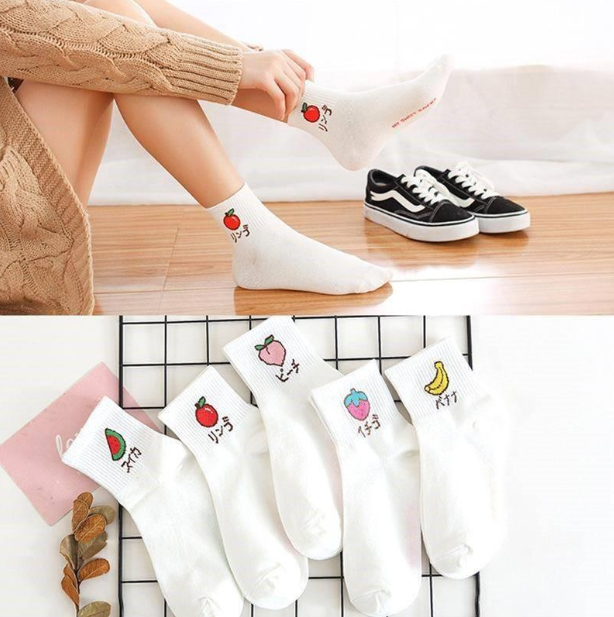 HOT - Set 5 đôi Tất Vớ Hoa Quả Trắng Cao cổ style Hàn 2020