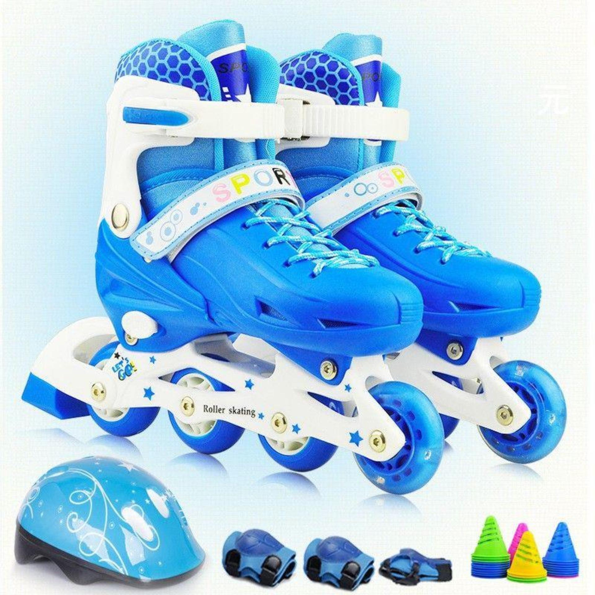 Giầy Patin Phát Sáng Cao Cấp Trẻ Em Với Bánh Xe Đàn Hồi, Chống Trầy Xước, Chống Xé Rách, Chịu Mài Mòn Va Đập Tốt. có đèn Tặng bộ bảo hộ (Mũ Gối, khuỷu, tay).