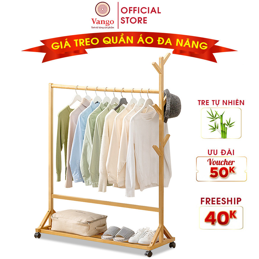 Giá Kệ Treo Quần Áo Thông Minh Bằng Gỗ Tre Tự Nhiên VANGO V4 - Giá Kệ Để Đồ Đa Năng Có Chỗ Để Giày Dép, Để Đồ Cực Tiện Lợi, Phong Cách Nội Thất Hiện Đại, Sang Trọng