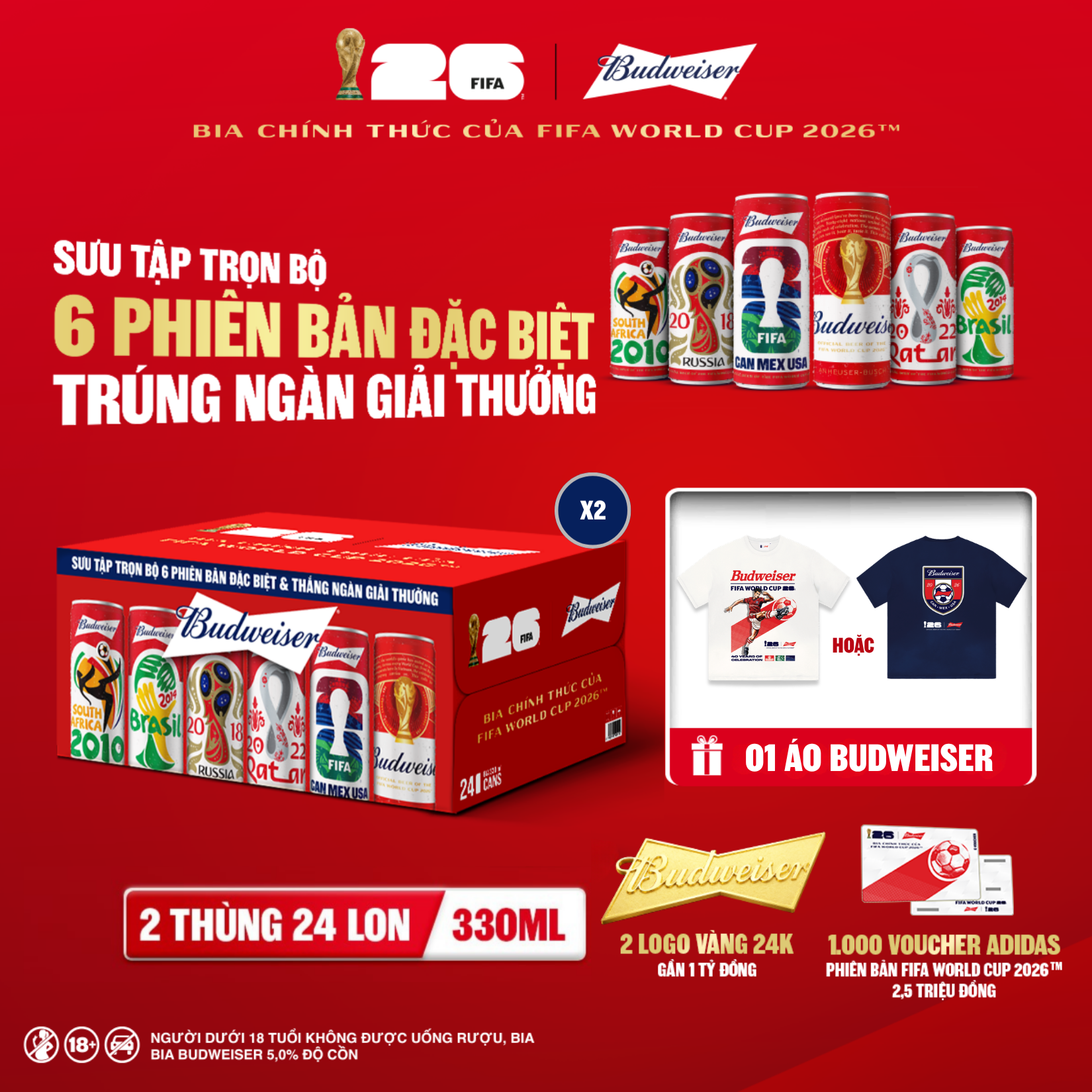 Combo 2 Thùng 24 Lon Bia Budweiser Sleek Can Chính Hãng (330ml/lon)