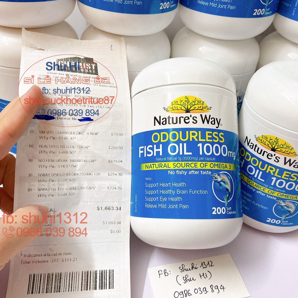 Viên uống dầu cá tự nhiên không mùi nature’s way odourless fish oil 1000mg 200 viên úc, tăng cường sức khoẻ