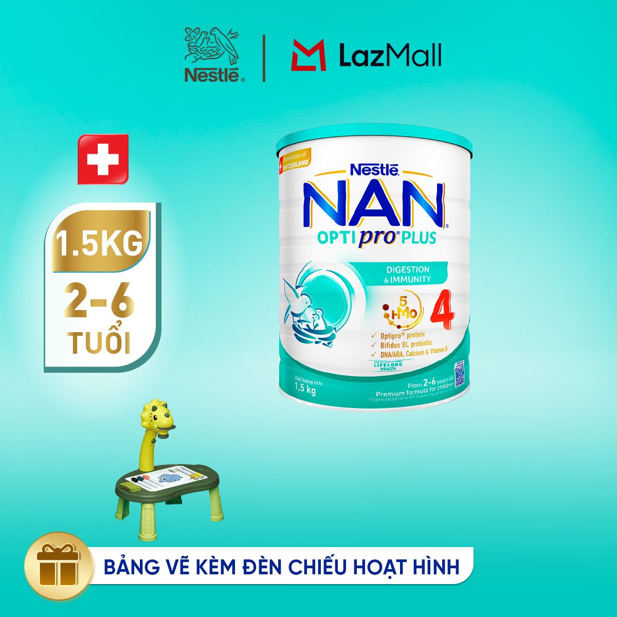 [Tặng Đồ chơi kèm đèn chiếu hoạt hình] Sữa bột Nestlé NAN OPTIPRO PLUS 4 1500g/lon với 5HMO Giúp tiêu hóa tốt