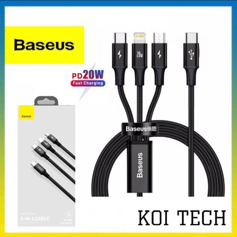 Cáp sạc nhanh 3 đầu pd 20w sạc baseus - dây sạc 3 in 1 bọc dù chống đứt cho ip samsung oppo,...vv  - KOI TECH