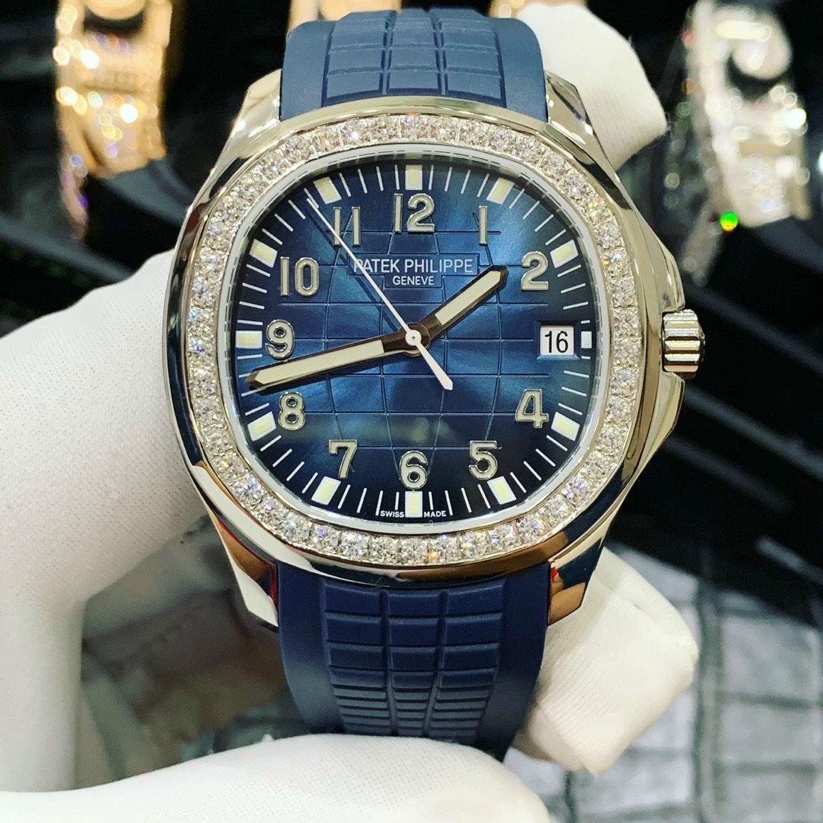 Đồng hồ Nam Pan-tek đồng hồ cơ Automatic mặt xanh viền trắng đính đá size 41-42mm