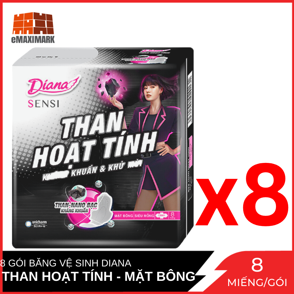 Combo 8 băng vệ sinh diana sensi than hoạt tính mặt bông siêu thấm siêu mỏng có cánh gói 8 miếng