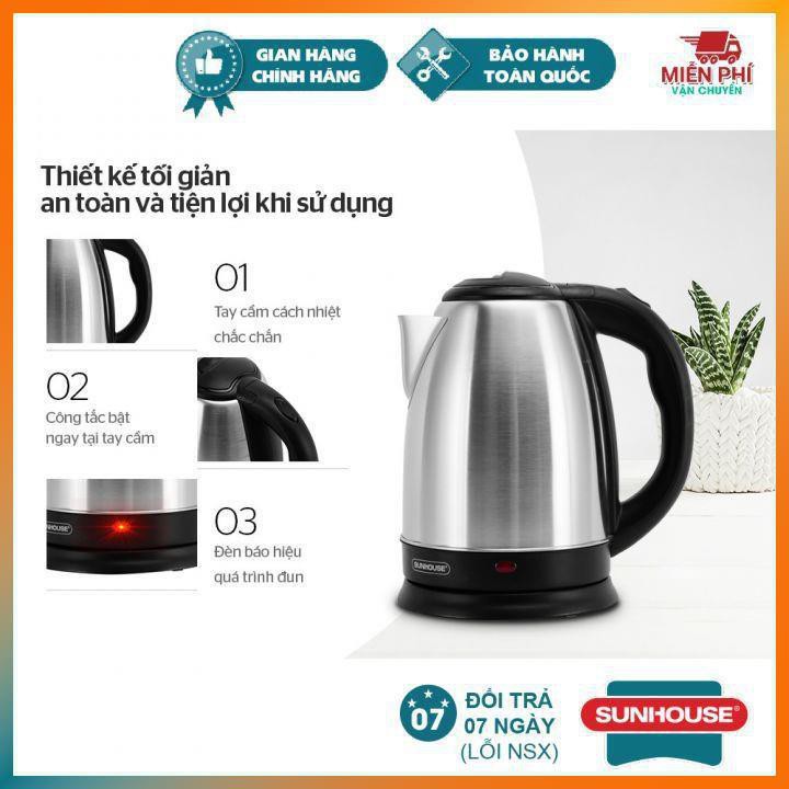 Ấm Siêu Tốc Inox SUNHOUSE 1.8 L SHD1182, Bình Đun Siêu Tốc Sunhouse Chất Lượng Cao Đun Sôi Nhanh Chóng