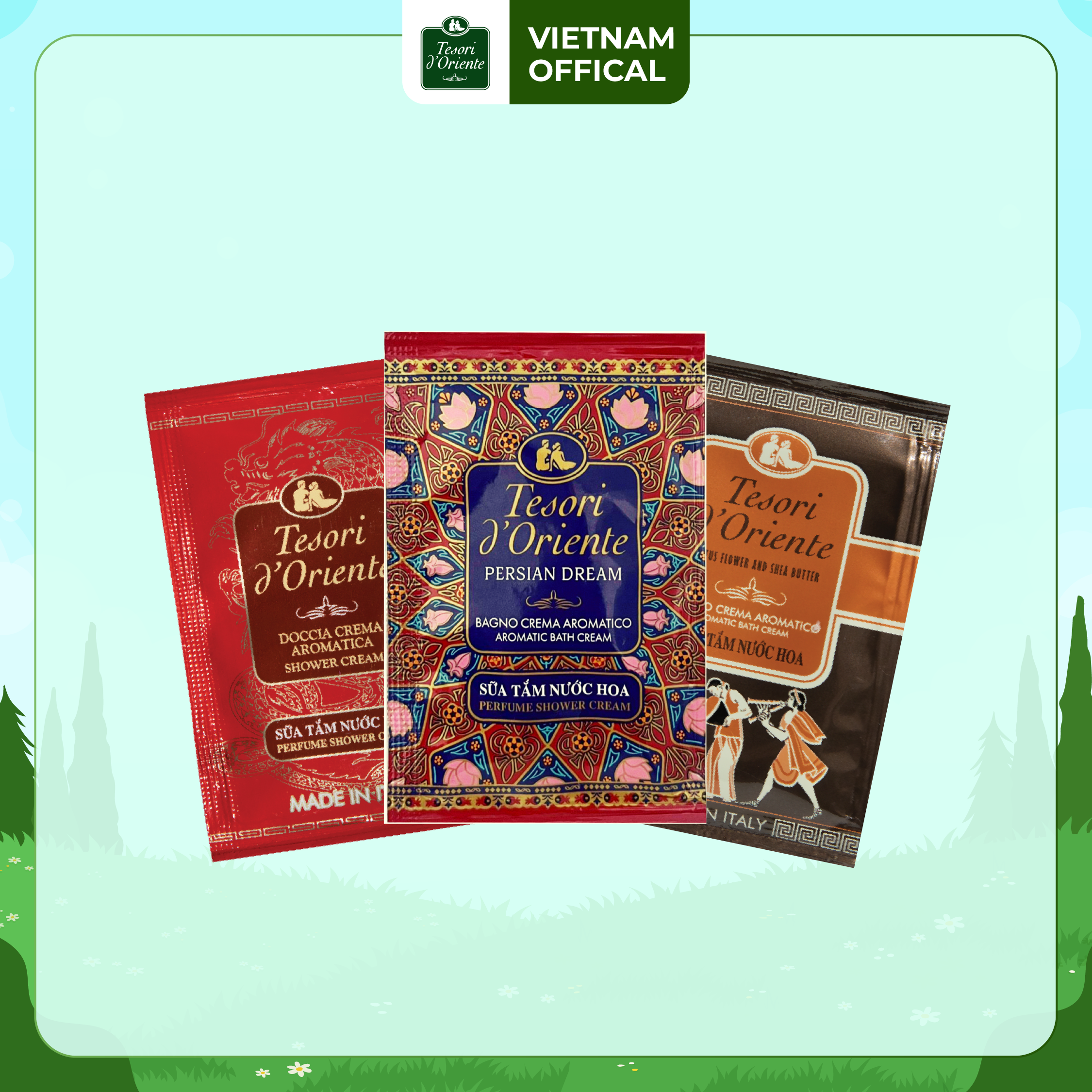 Sữa tắm Tesori d’Oriente 9ml ( 1 dây 12 gói ) tiện dụng phù hợp đem đi du lịch