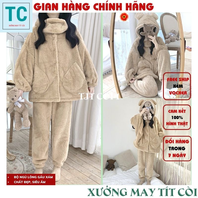 Bộ ngủ lông gấu màu xám vòng cổ ấm áp, bộ ngủ lông cừu tai gấu dễ thương, đồ ngủ nữ, bộ ngủ lông hàn quốc, bộ lông mặc nhà siêu ấm, bộ ngủ lông mặc nhà, bộ đồ mặc nhà nữ mùa đông,áo lông nữ, Tjt Còi 1