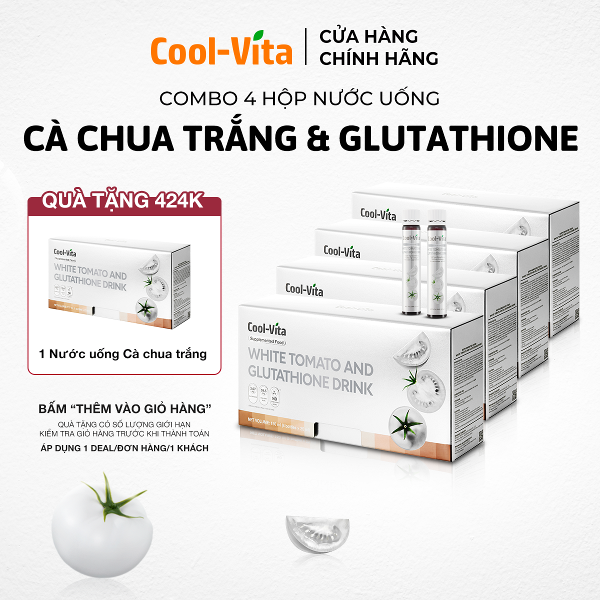 Combo 4 Hộp Nước Uống Cà Chua Trắng Hỗ Trợ Sáng Da Kết Hợp Glutathione, Niacinamide, Collagen Peptide, Vitamin C Coolvita Hỗ Trợ Đều Màu Da Dưỡng Da Ẩm Mịn (6 chai × 25 ml)/hộp - Thực Phẩm Bổ Sung