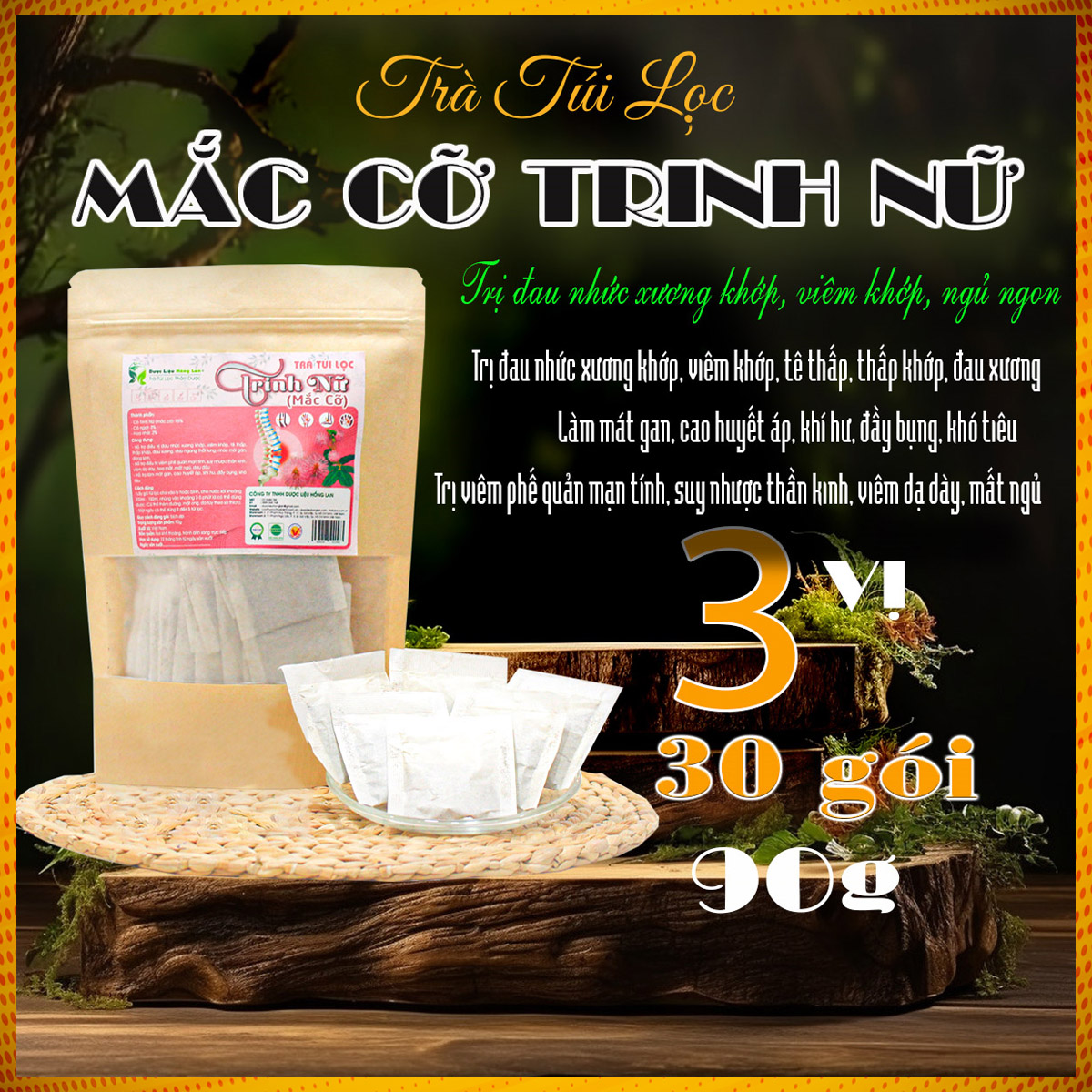 Trà Cây Mắc Cỡ (Xấu Hổ, Trinh Nữ) {Bịch 90g (30 túi lọc x3g) [Chữa đau nhức xương khớp, viêm khớp, mất ngủ, viêm dạ dày, mát gan, cao huyết áp,...]
