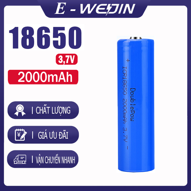 Pin 18650 Lithium sạc lại - 2000mAh đầu lồi Doublepow, pin dung lượng thực