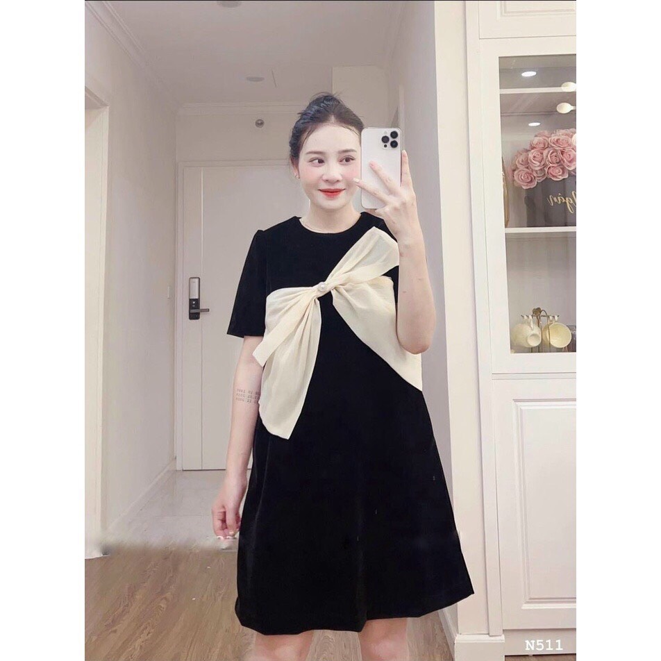 Đầm bầu đen nơ to chất đũi dáng xuông