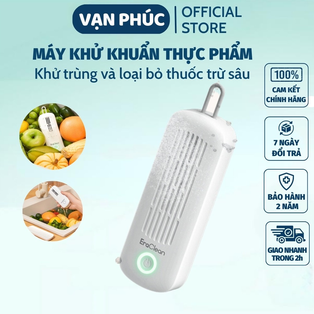 Máy khử khuẩn thực phẩm EraClean , máy rửa rau củ quả khử độc thực phẩm đa năng thế hệ mới diệt sạch 99% vi khuẩn gây hại, máy khử khuẩn thực phẩm cầm tay chống nước pin sạc tiện dụng bảo hành 24 tháng