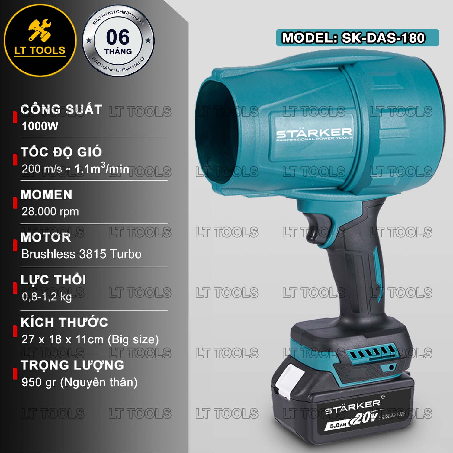 Máy thổi bụi Phản lực Starker DAS-180, Công suất 1000W, Động cơ Brushless 3815 Turbo, Chân pin phổ thông Makita M21