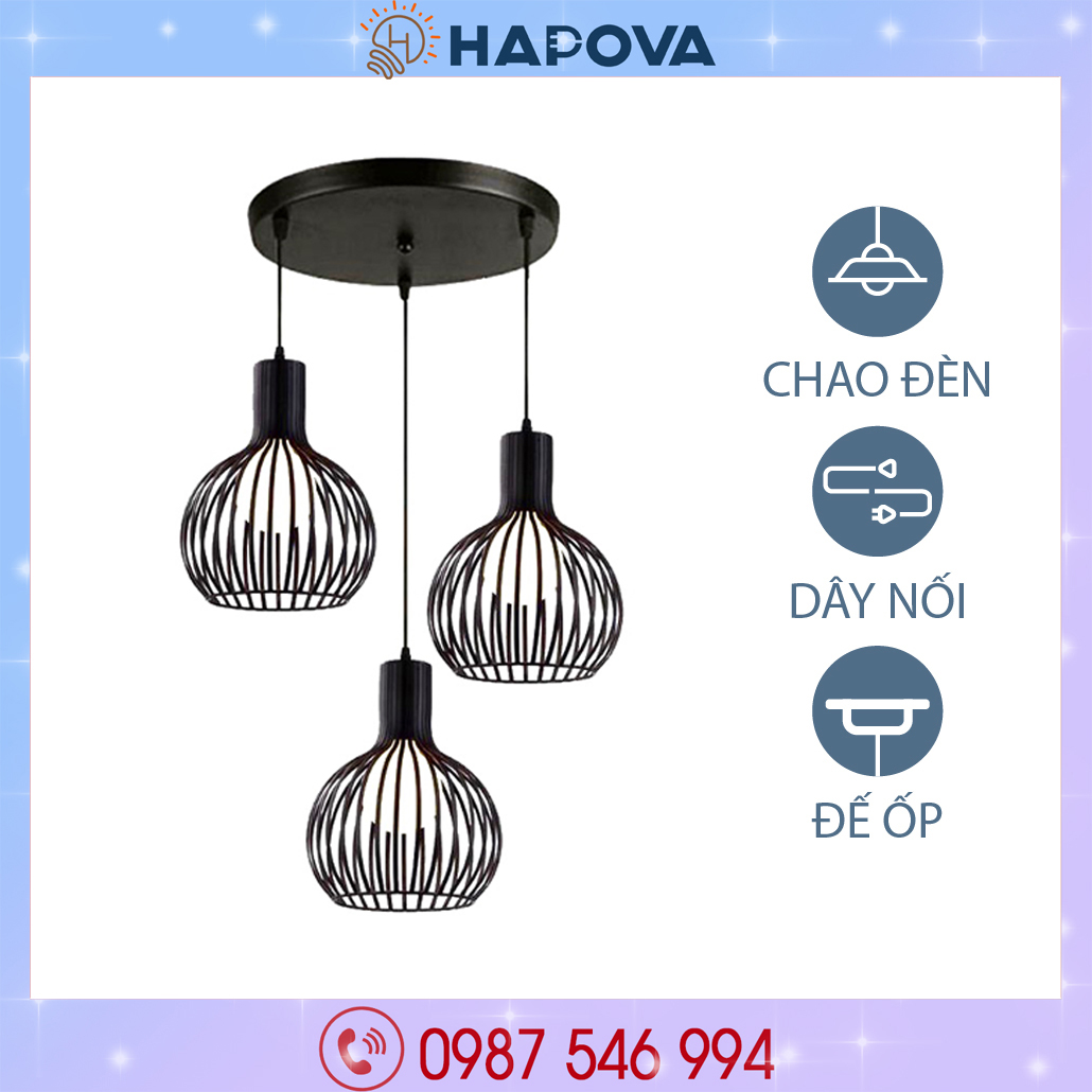 Bộ 3 đèn thả lồng chim hapova dt 6870/3 màu đen cỡ 230mm + tặng kèm bóng led as vàng