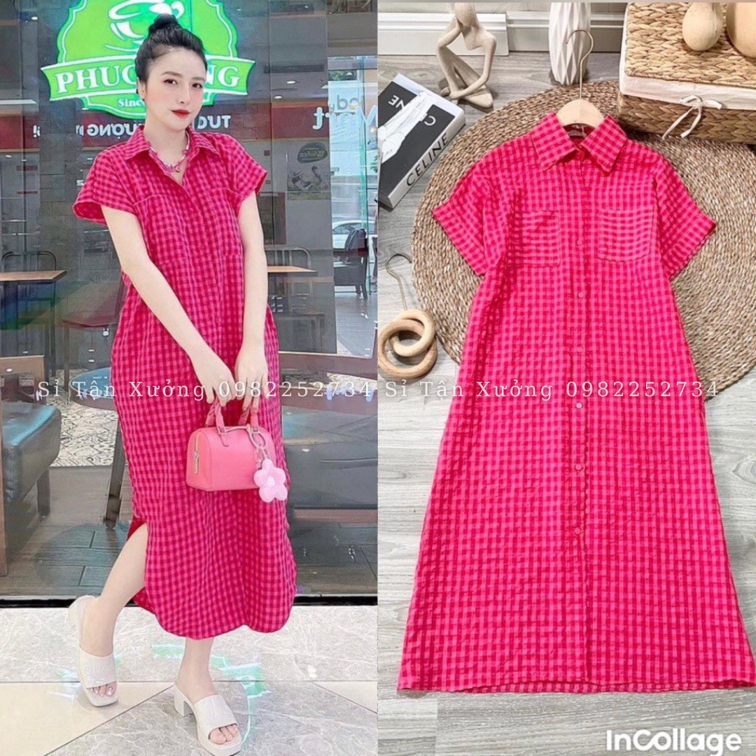 Đầm váy sơ mi suông kẻ caro nhiều màu siêu đẹp thời trang Banamo Fashion váy sơ mi suông kẻ caro 5917