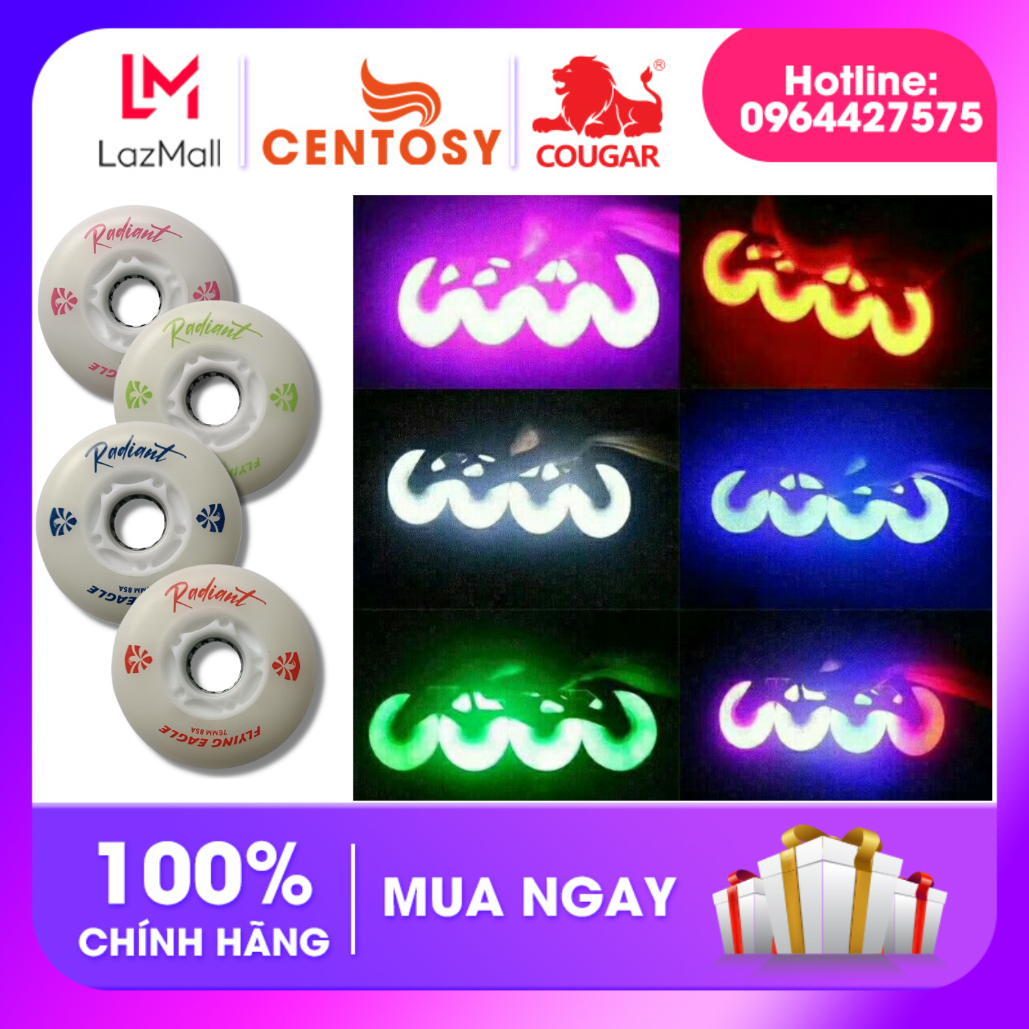 Bánh đèn radiant phát sáng , bánh đèn led cougar patin nhiều màu, nhiều kích thước phù hợp với các loại giày patin