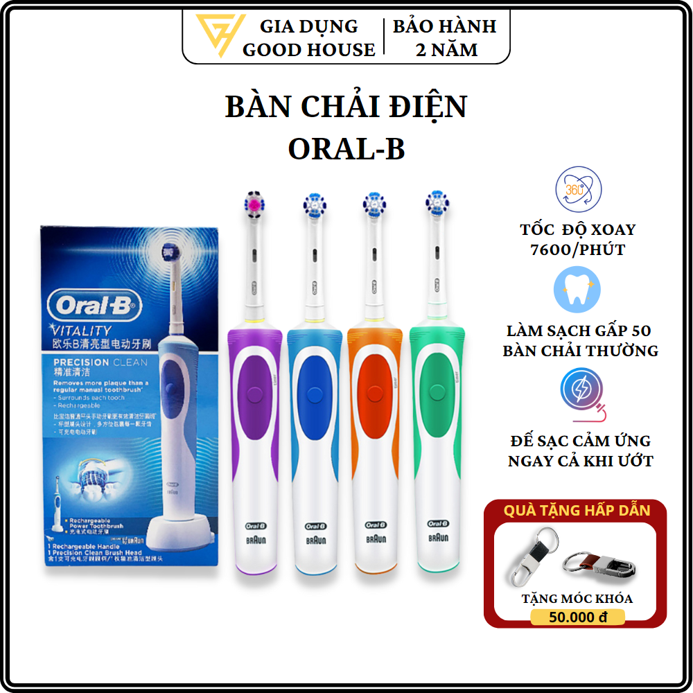 Bàn chải đánh răng điện OralB Vitality, bàn chải điện tự động đánh răng dành cho người lớn và trẻ em trên 3 tuổi. Bảo vệ nướu và làm sạch răng gấp 2 lần bàn chải thông thường. Bảo hành 2 năm, lỗi đổi mới trong 7 ngày.