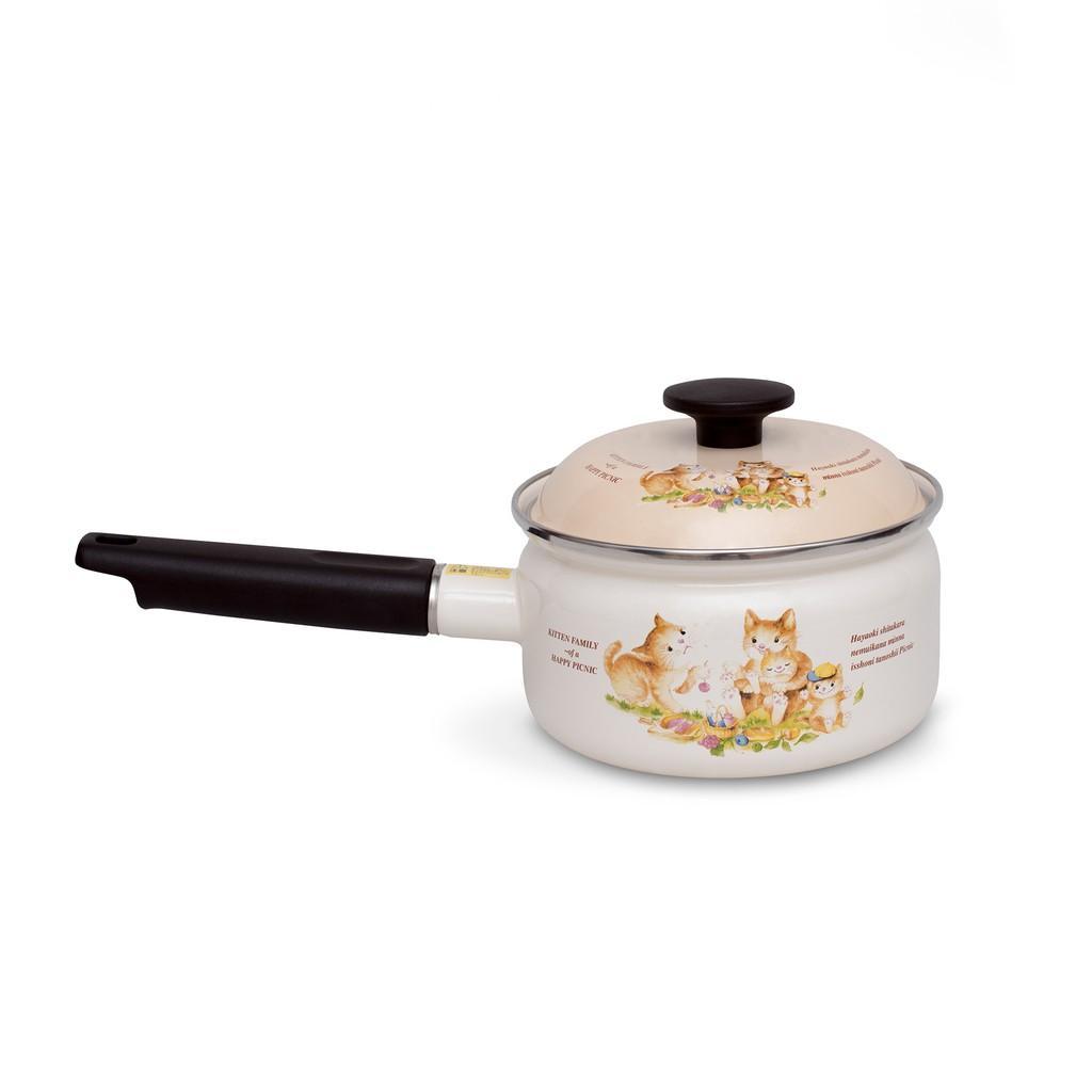 Nồi Tay Cầm Tráng Men Cao Cấp Nhật Bản Fujihoro Hoa Văn Con Mèo Kit-300.nhập khẩu THÁI LAN.Tặng 5 muỗng inox