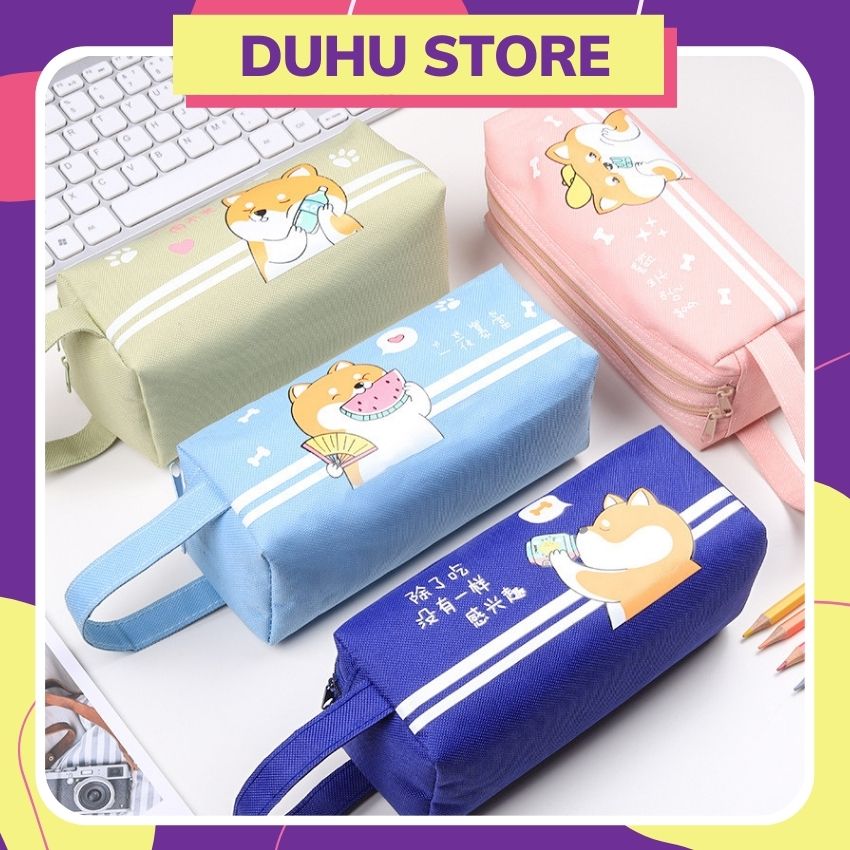 [TẶNG SỔ] Hộp Bút Vải 2 Ngăn In Hình Shiba Cute - Túi Đựng Bút To Đa Năng Bóp Viết Canvas DUHU HBV75