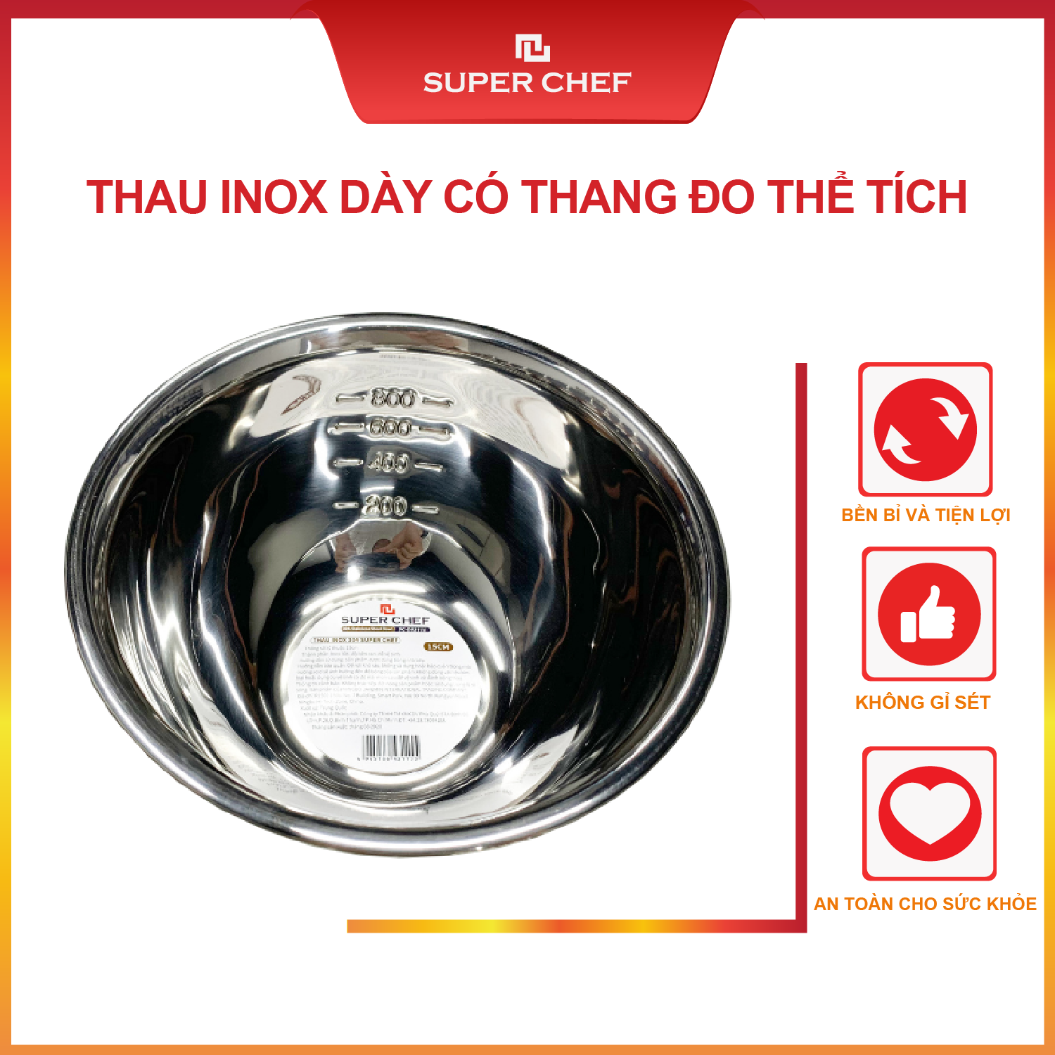 Thau Inox Dày Có Thang Đo Thể Tích Super Chef Không Gỉ Sét, Sáng Bóng Sang Trọng ( từ 15-24cm)