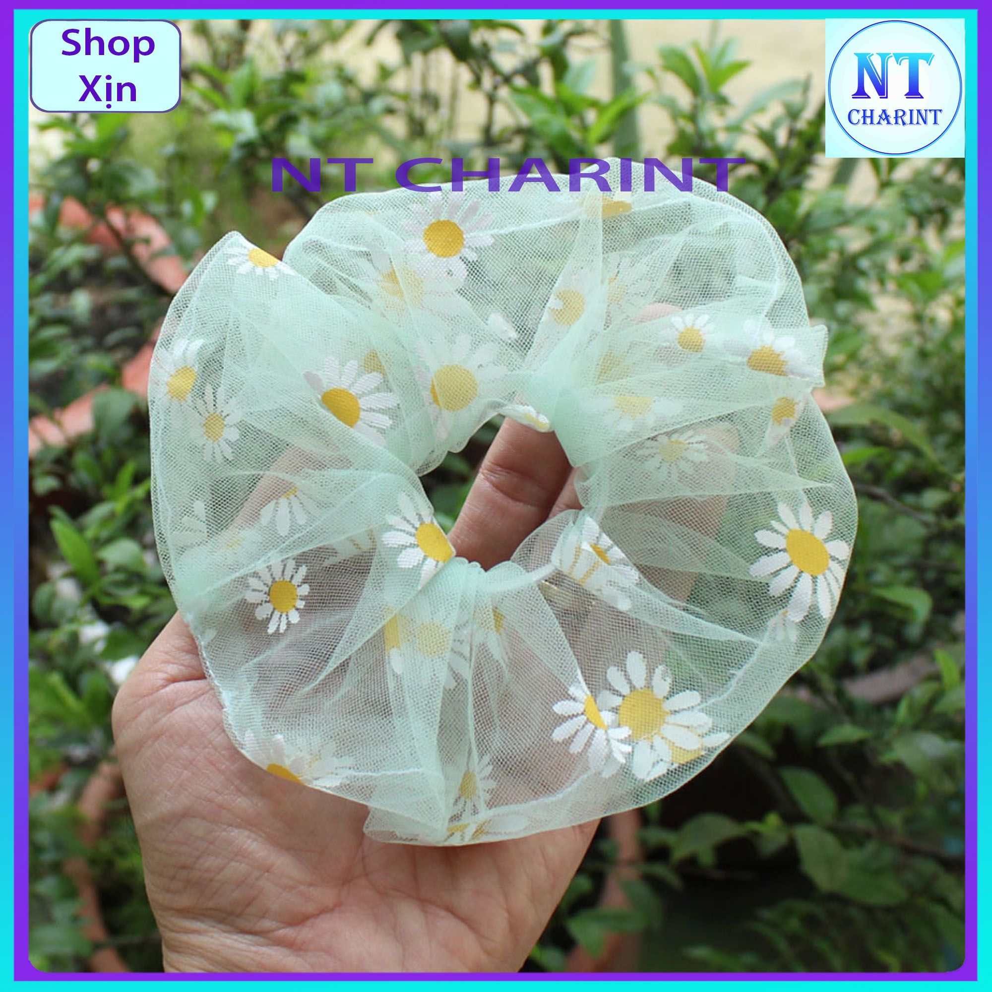 Cột buộc tóc vải lưới hoa Cúc xinh xắn cột tóc scrunchies vải lưới xanh lá