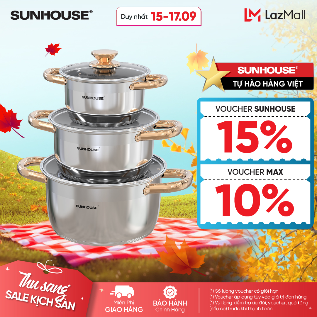 [NEW 2025] Bộ Nồi inox Impact Chính Hãng Sunhouse Healthy SHG781E - Gồm 3 nồi 16-20-24cm - Đáy phẳng hoàn hảo - Hiệu suất bắt từ 98%