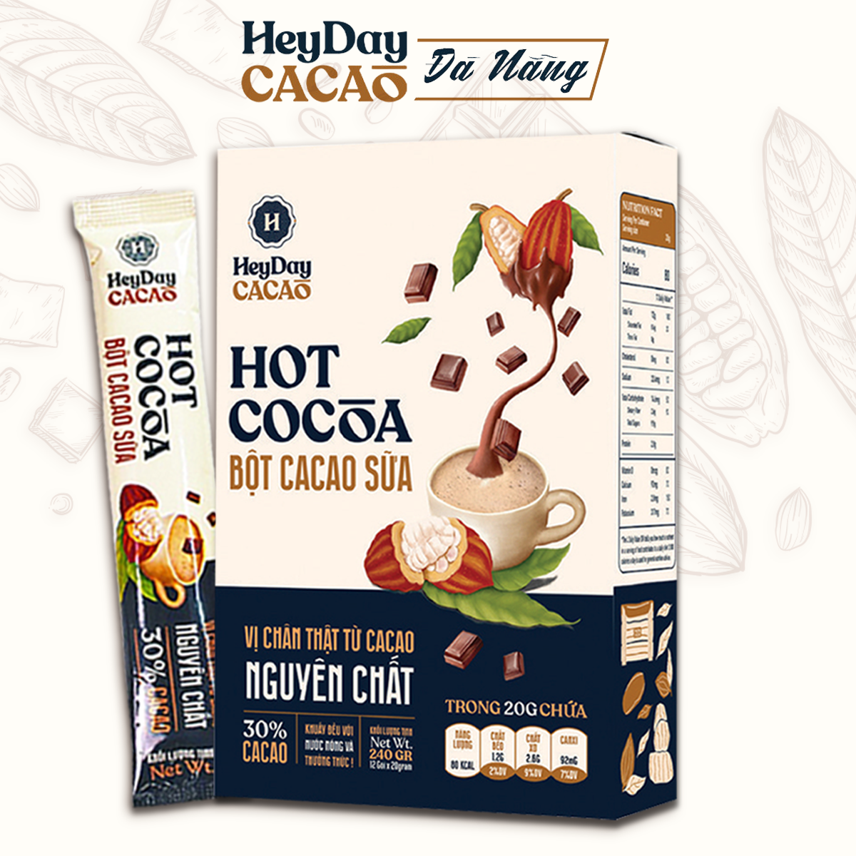 Bột Cacao Sữa Hot Cocoa - Hộp Giấy 12 Gói x 20g - Không cholesterone, giàu khoáng và chất xơ hoà tan - Heyday Cacao