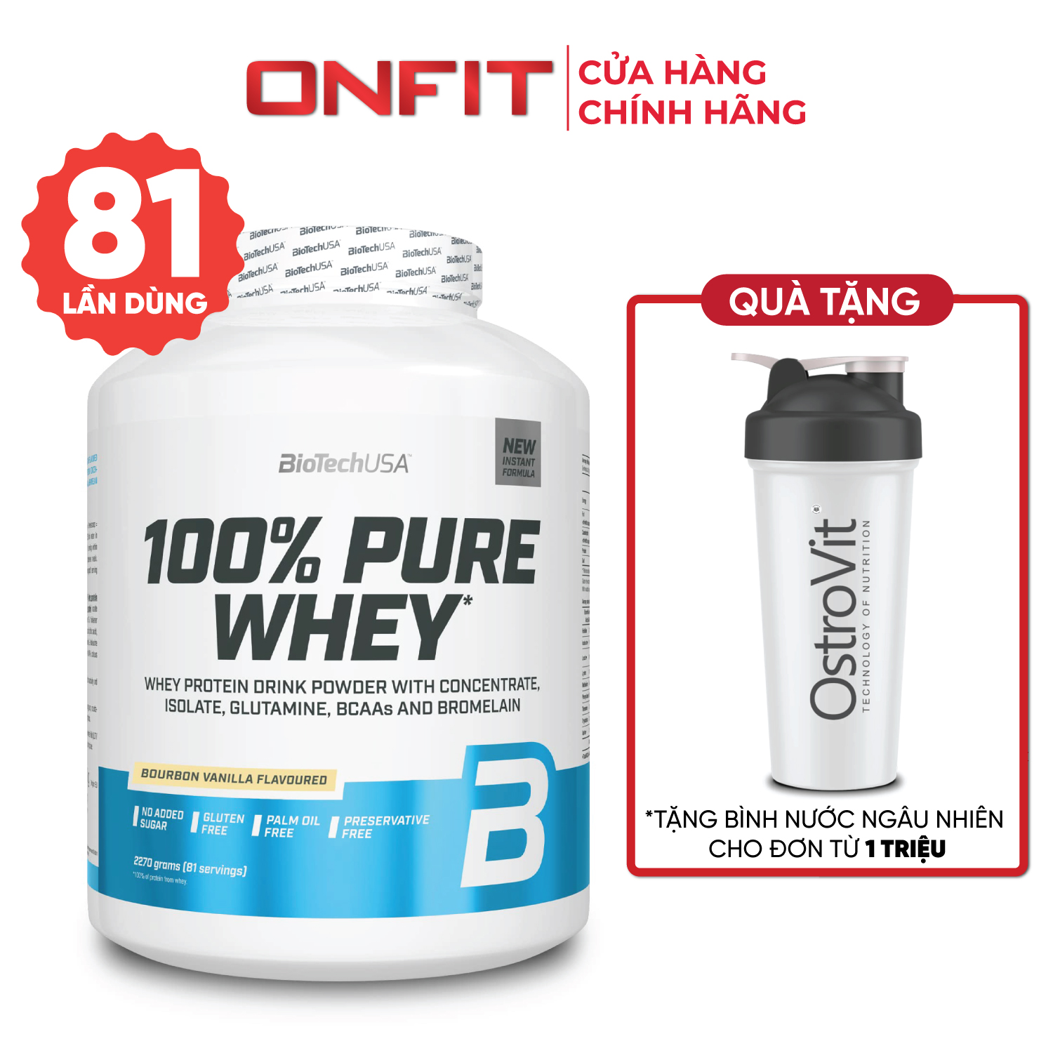 Sữa Bột BioTechUSA 100% Pure Whey (2.27KG) Bổ Sung Protein, BCAA và Glutamine, Hàm Lượng Protein Cao