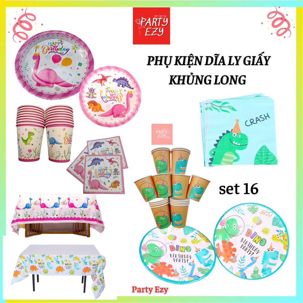 Set 10c, set 16c dĩa ly khăn giấy chủ đề khủng long - phụ kiện trang trí
