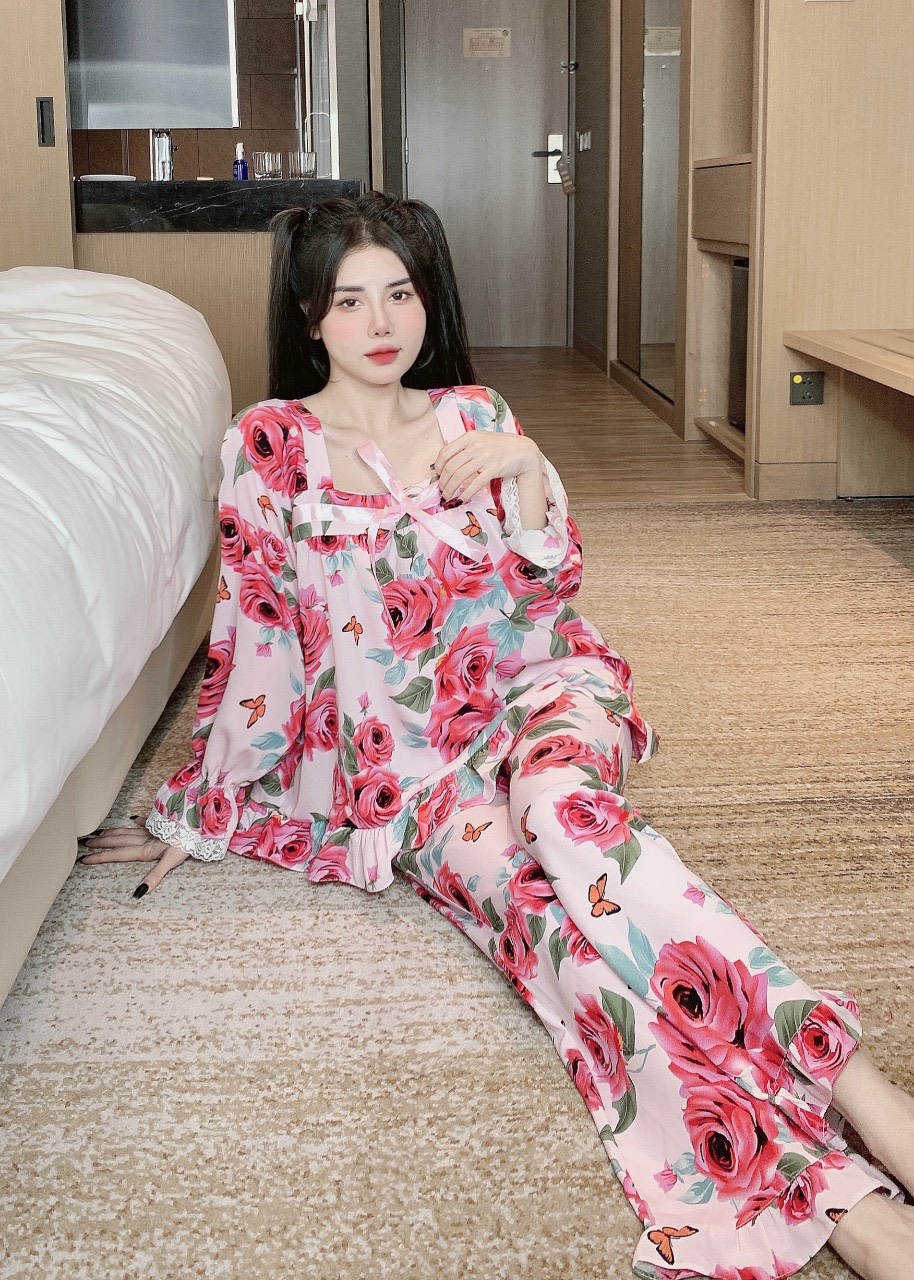 Đồ bộ pijama tay dài cổ nhọn thiết kế siêu xinh, size 40kg đến 60kg chất liệu lụa mango mềm mịn mát, pijama nữ tay dài giá rẻ tận xưởng. đồ bộ lụa mango freeship