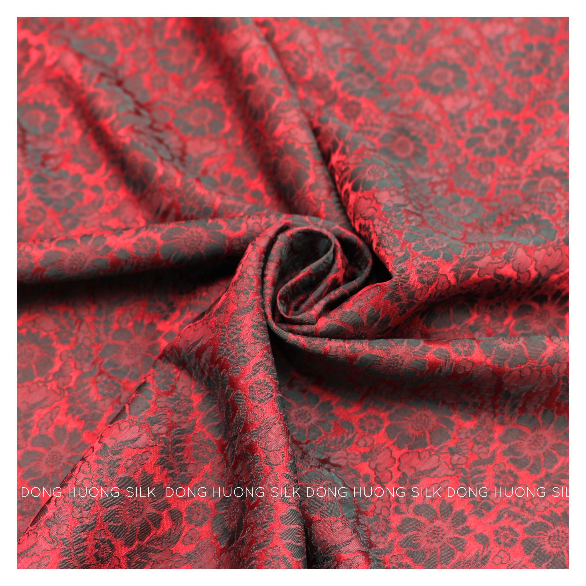 Vải lụa tơ tằm hoa cúc may áo dài - đông hương silk - đỏ đô ánh đen – lhvs058