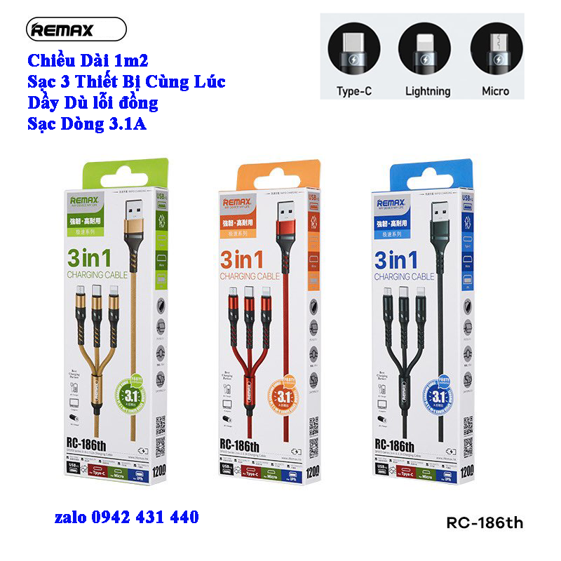 Cáp sạc remax 3 đầu rc-186th lighning - micro usb - type c dây dù