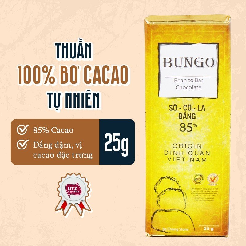 Socola Nguyên Chất Bungo 85% Cacao, Thanh 25g/100g - Thuần Bơ Cacao Tự Nhiên - Từ Hạt Cacao Trinitario Lên Men Thủ Công