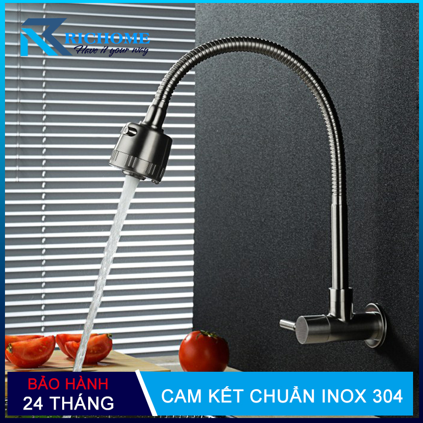 Vòi rửa chén xả lạnh gắn tường inox 304  cần mềm- Đầu vòi 2 chế độ tăng áp -1 đường nước mã QH-DL006