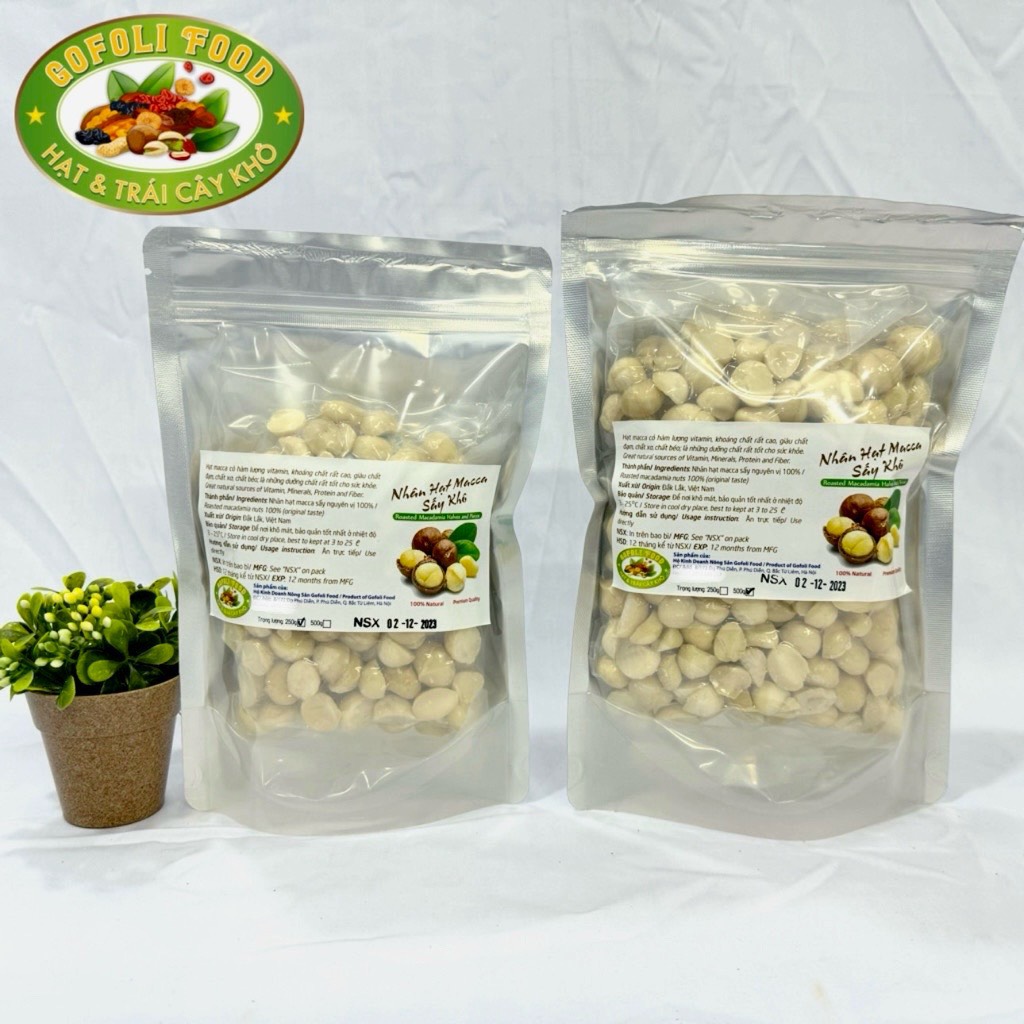 Nhân hạt macca bể đôi bể ba Gofoli loại ngon 500g, hạt to, giòn thơm ngậy, ngòn ngọt, làm sữa hạt, bánh healthy, ăn liền / Macadamia nuts, halves and pieces, roasted and unsalted, premium quality