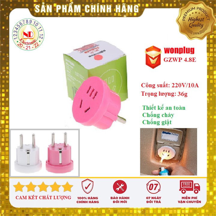 Phích cắm chuyển đổi 3 chân dẹt chuẩn eu sang 2 chân tròn chuẩn vn - model: gzwp 4.8e
