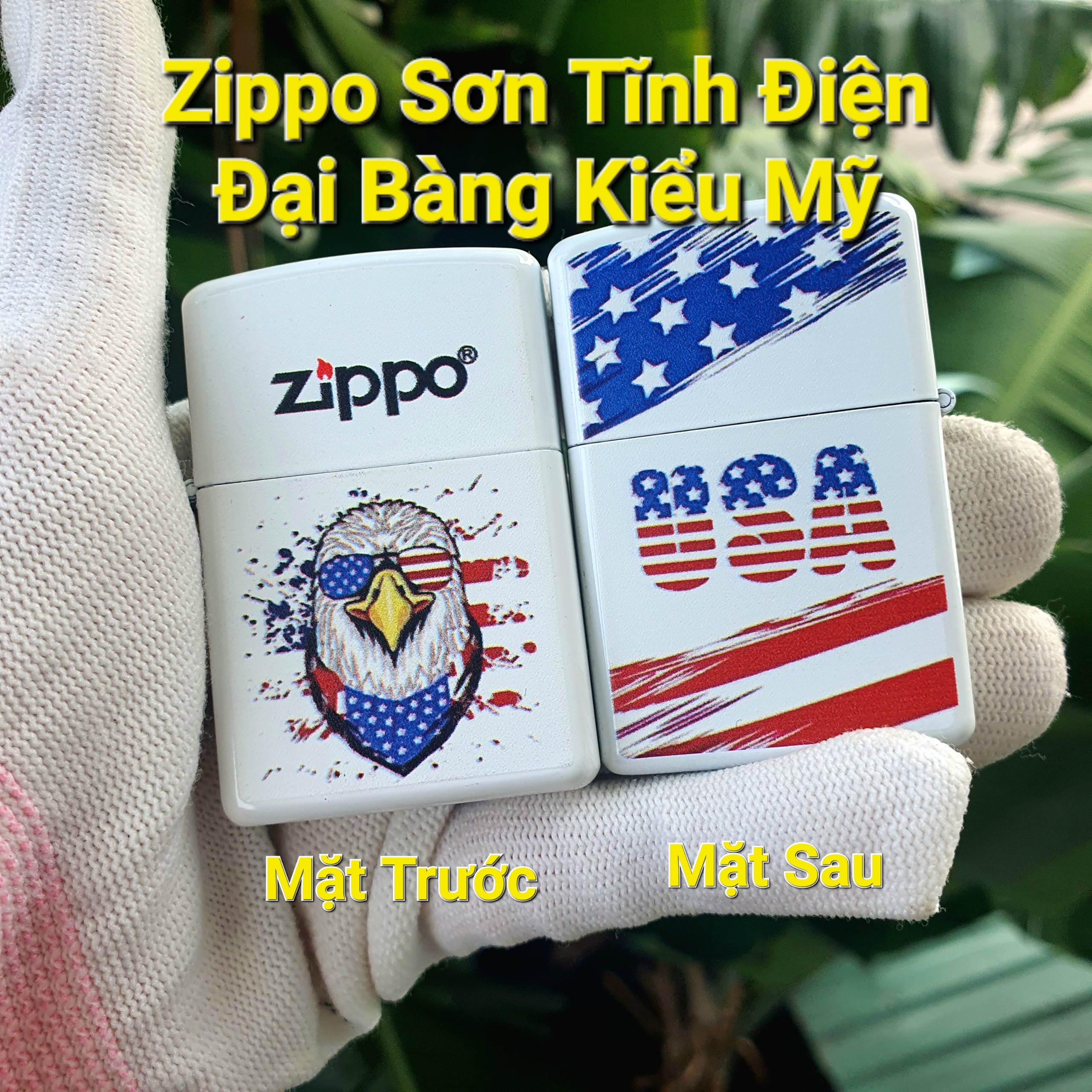 Bật lửa zippo sơn tĩnh điện trắng đại bàng mỹ đeo kính mẫu mới đời a-24 hộp quẹt zippo sưu tầm