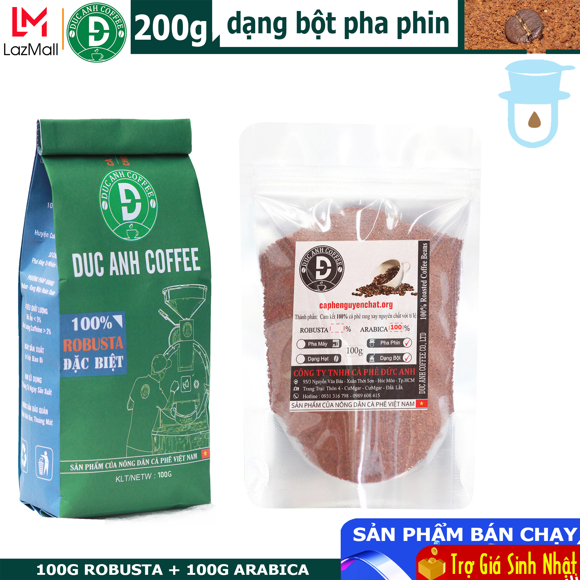 [combo] gói 100gr Arabica + gói 100gr Robusta xay pha phin thương hiệu cà phê rang mộc DUC ANH COFFEE