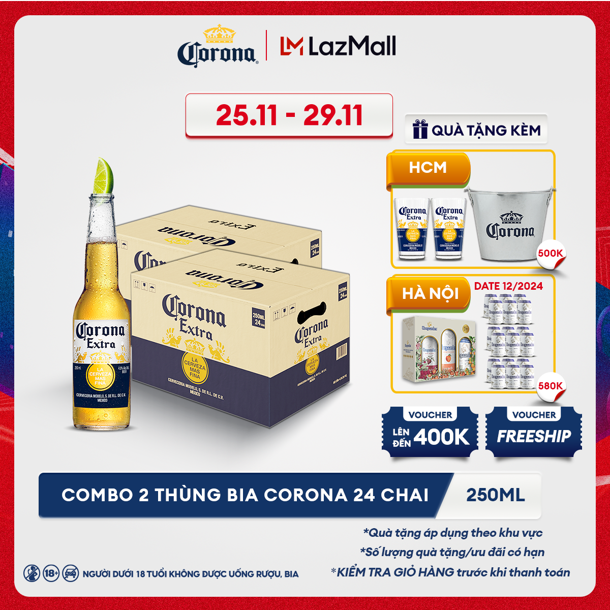 [25.11 - 29.11 VC ĐẾN 400K+FS] Combo 2 Thùng 24 Chai Bia Corona (250ml/chai)